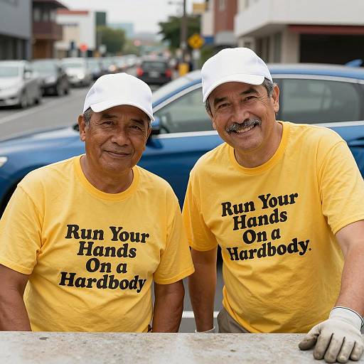 Two Men in Yellow T-Shirts and a Car
