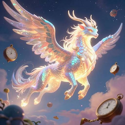 Digital art of a glowing, ethereal winged dragon with iridescent scales and fiery mane, surrounded by floating vintage clocks against a twilight sky.