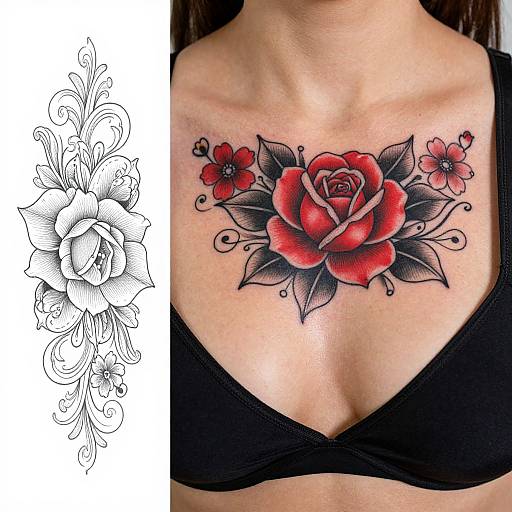 Vibrant Red Rose Chest Tattoo