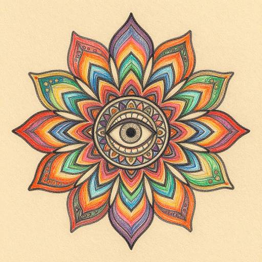 Vibrant mandala drawing featuring a central eye surrounded by multicolored, layered petals with intricate patterns and symmetrical design.
