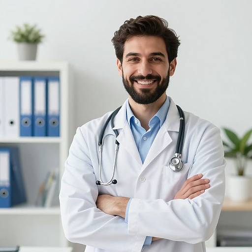 Photograph of a smiling, bearded male doctor with dark hair, wearing a white lab coat and stethoscope, arms crossed, standing in a