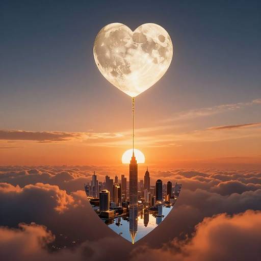 Photograph of a cityscape reflected in a heart-shaped balloon, with a glowing full moon at sunset above, surrounded by clouds.
