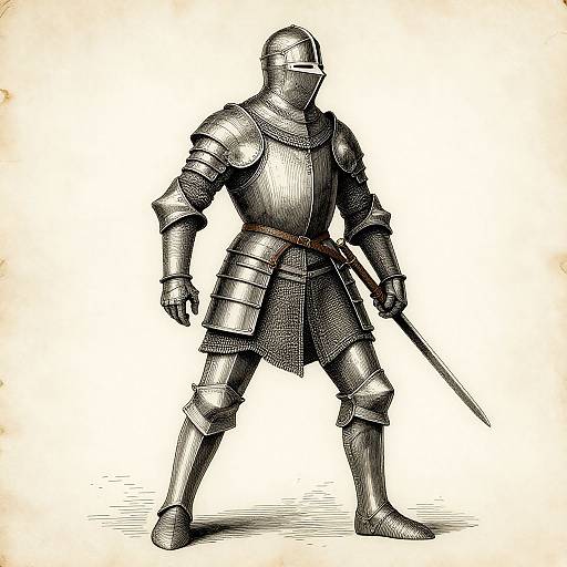 Detailed black-and-white digital drawing of a medieval knight in full plate armor, holding a sword, with a blank, featureless face.