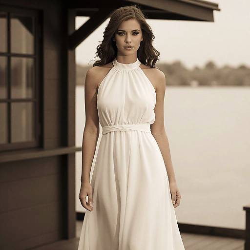 Elegant Woman by Lakeside Cabin