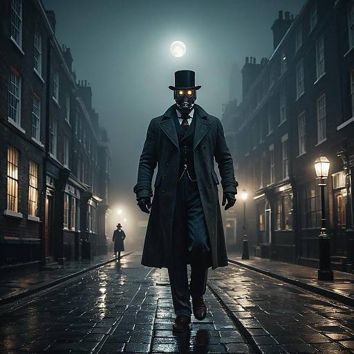Vintage Robot Detective on Foggy Victorian London Street