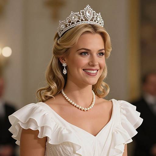 Photograph of a smiling blonde woman in a white, ruffled, off-shoulder wedding dress, wearing a sparkling tiara, pearl necklace,