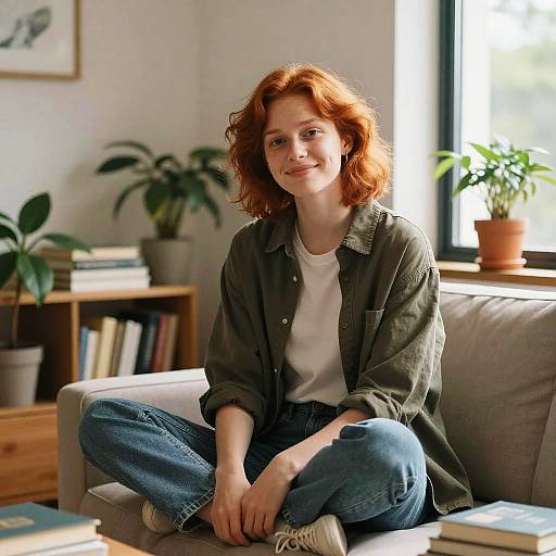 Photograph of a smiling red-haired woman with curly hair, wearing an olive green shirt and blue jeans, sitting cross-legged on a gray couch in a