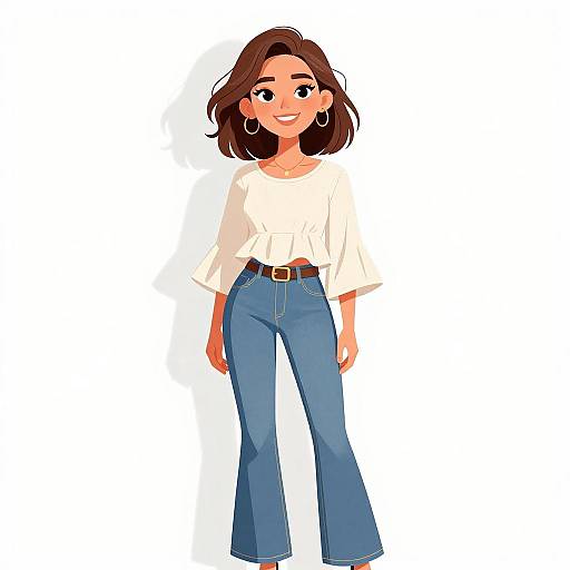 Digital illustration of a smiling young woman with brown hair, wearing a white blouse, blue high-waisted jeans, and hoop earrings.