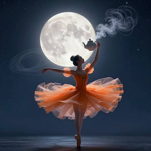 Silhouetted ballerina in an orange tutu, holding steaming teacup, against a bright full moon in a starry night