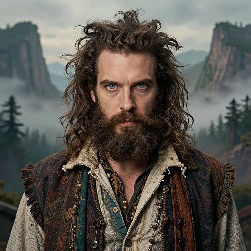 Photograph of a rugged, bearded man with wild brown hair, intense blue eyes, wearing a textured, layered vest and shirt, set against a