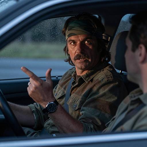 Middle-aged man gesturing inside car at night