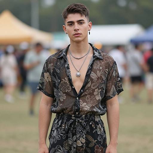 Photograph of a young, slim man with short brown hair, wearing a sheer black floral shirt, exposing his chest, and two silver necklaces,