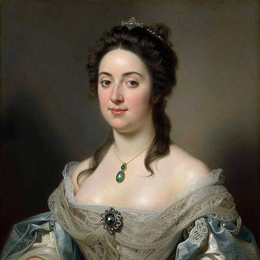 Photograph-style digital painting of an 18th-century woman with fair skin, dark hair, wearing an off-shoulder lace gown, green necklace