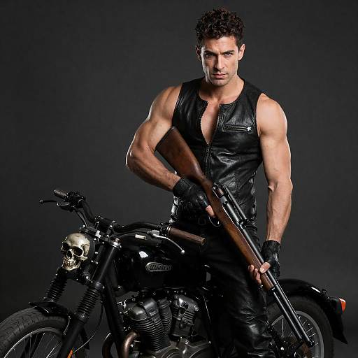 Intense Muscular Man with Rifle and Bike