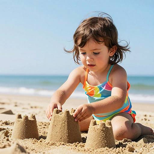 Photograph of a young girl with dark brown hair, wearing a colorful striped swimsuit, building a sandcastle on a sunny beach.