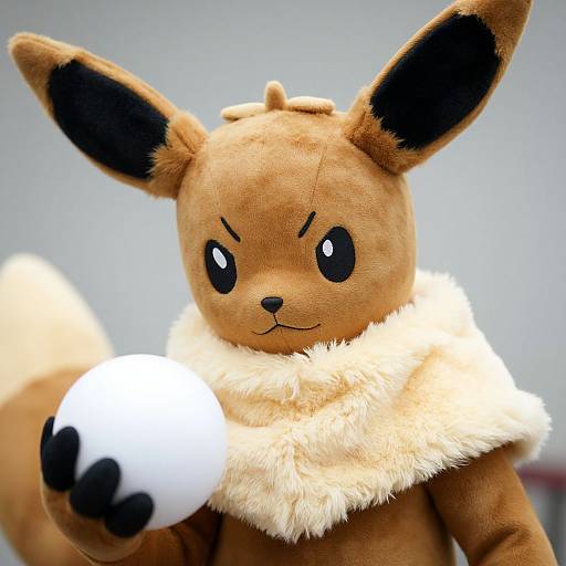 Photograph of a plush Eevee toy with large black ears, brown fur, white fluffy collar, and black eyes, holding a white and black