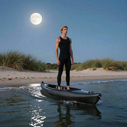 Serene Man on Modern Kayak at Night