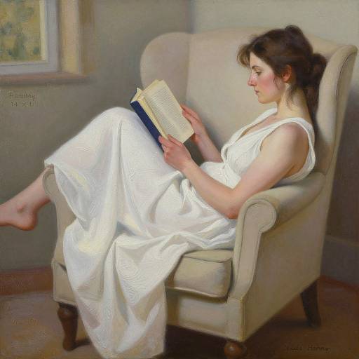 Photorealistic painting of a fair-skinned woman with brown hair, wearing a white dress, reading a book in a beige armchair.
