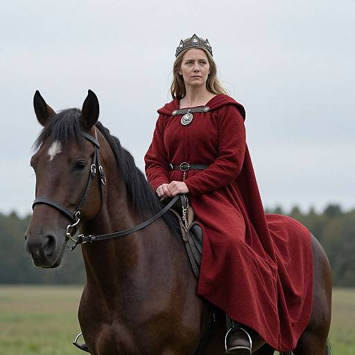 Photograph of a fair-skinned woman with long blonde hair wearing a red medieval cloak and crown, riding a dark brown horse with a white blaze on