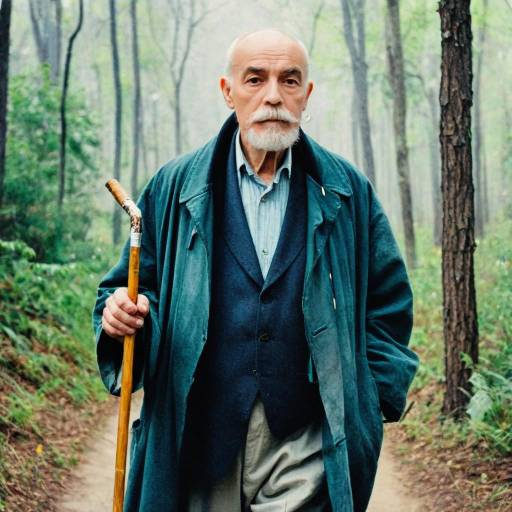 Elderly man with cane in forest