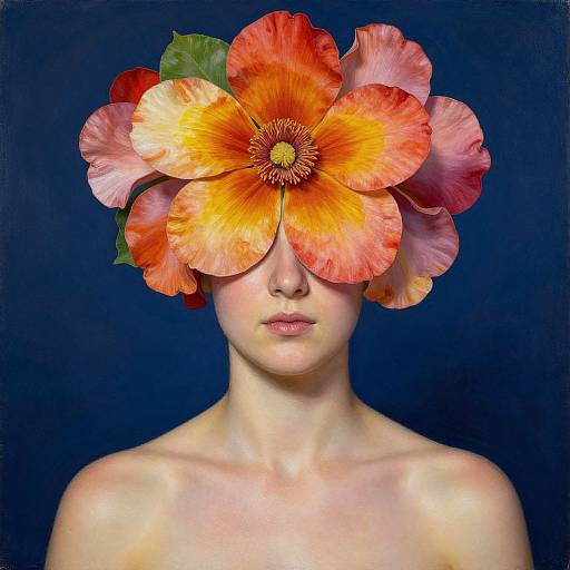Photograph of a pale-skinned person with a large, vibrant orange and red flower covering their eyes, against a dark blue background. The person is