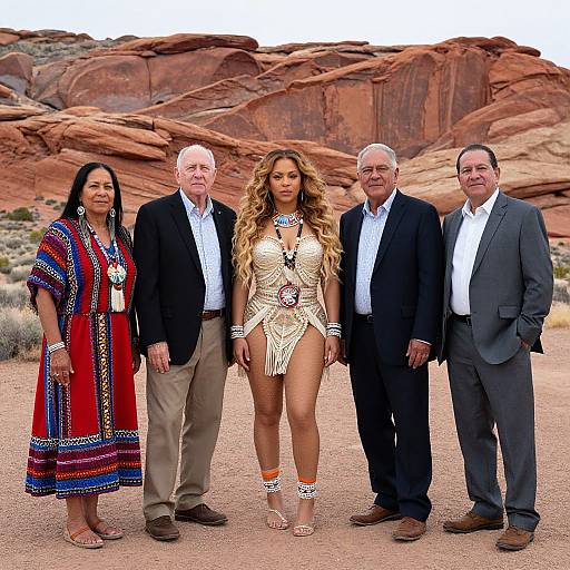 Photograph of five adults in traditional and modern attire standing against red rock canyon background. Central woman wears gold, beaded, revealing outfit; others in