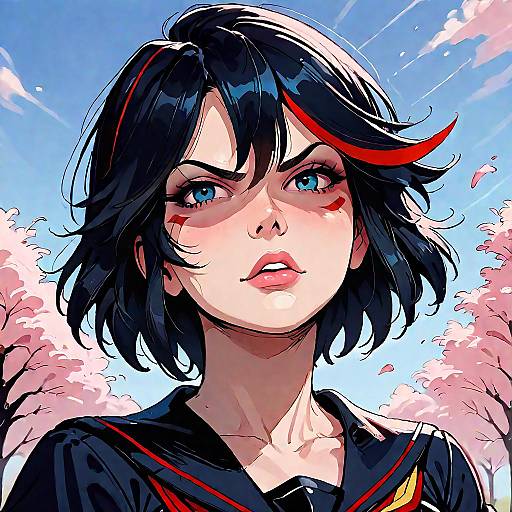 Digital anime-style portrait of a fierce, blue-eyed, black-haired girl with red streaks, wearing a navy sailor uniform, against a bright blue sky