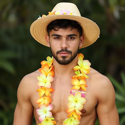 Photograph of a muscular, tan-skinned man with a trimmed beard, wearing a straw hat and a vibrant yellow-orange flower lei, standing against a