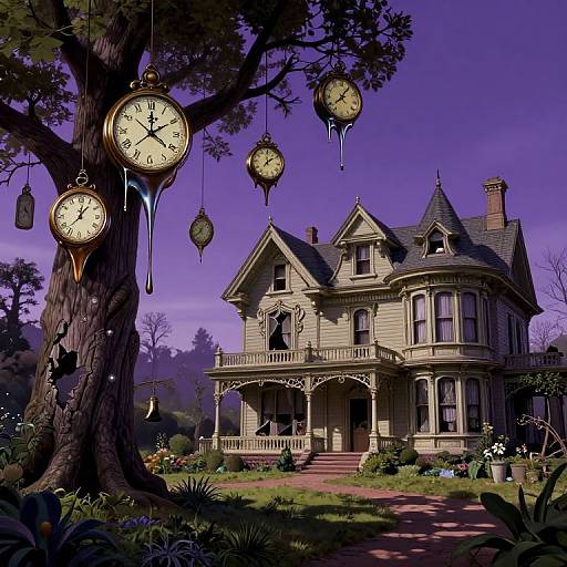 Digital illustration of a Victorian mansion with eerie, dripping clock faces hanging from a large tree against a purple sky.