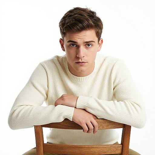 Photograph of a young Caucasian man with short brown hair, wearing a white knitted sweater, leaning on a wooden chair against a white background.