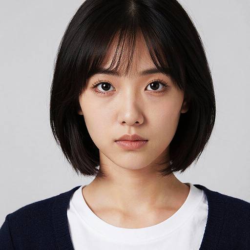Photograph of a young Asian woman with straight black bob haircut, white shirt, black cardigan, and neutral expression against a plain white background.