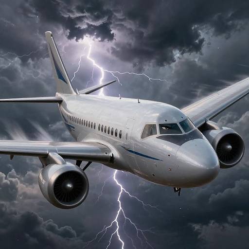 Photograph-style digital illustration of a white jet airplane flying through a stormy sky with bright lightning bolts illuminating dark, gray clouds.