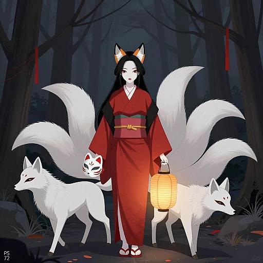 Japanese Fox Spirit Woman with Lantern