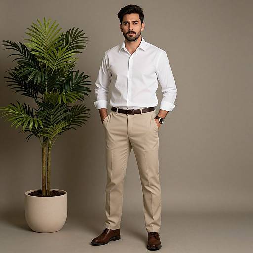 Photograph of a bearded man with dark hair, wearing a white shirt, beige pants, brown belt, and brown shoes, standing beside a p