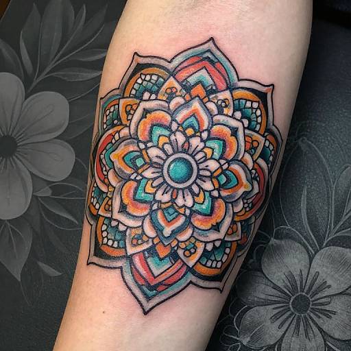 Vibrant mandala tattoo on pale skin, featuring intricate orange, teal, and white patterns with black outlines, set against a floral-patterned background
