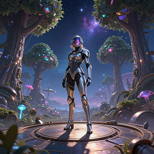 Digital artwork of a futuristic female cyborg standing on a circular platform in a vibrant, neon-lit, sci-fi forest at night.