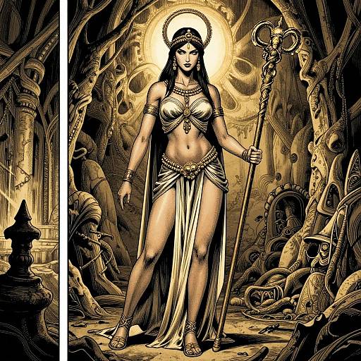 Digital comic-style illustration of a powerful, haloed woman with long black hair, wearing a metallic bra and loincloth, holding a staff, standing