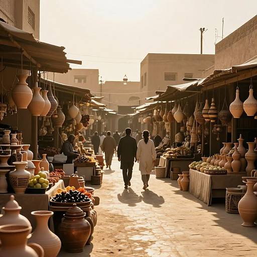 Photograph of a sunlit, bustling Middle Eastern market, with silhouetted shoppers walking between rows of hanging clay pots and colorful produce.