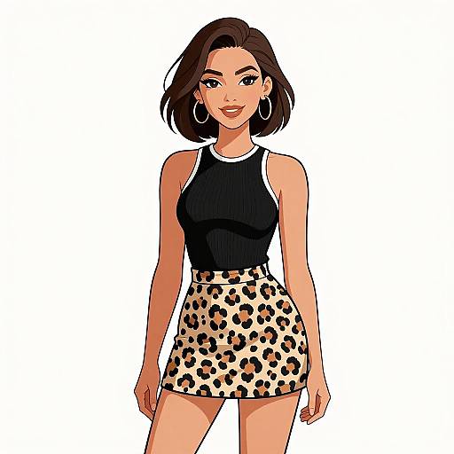 Digital illustration of a confident woman with short brown hair, wearing a black sleeveless top and leopard-print skirt, large hoop earrings, and smiling. White