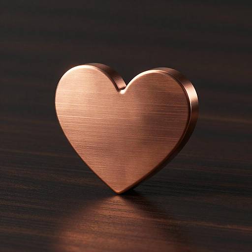 Photograph of a metallic, brushed copper heart-shaped object standing upright on a dark wooden surface, illuminated by soft, warm light.