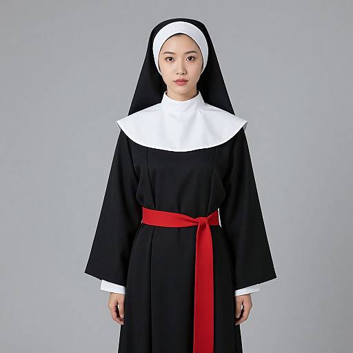 Photograph of an Asian woman in a black nun's habit with white coif and collar, red belt, standing against a plain gray background.