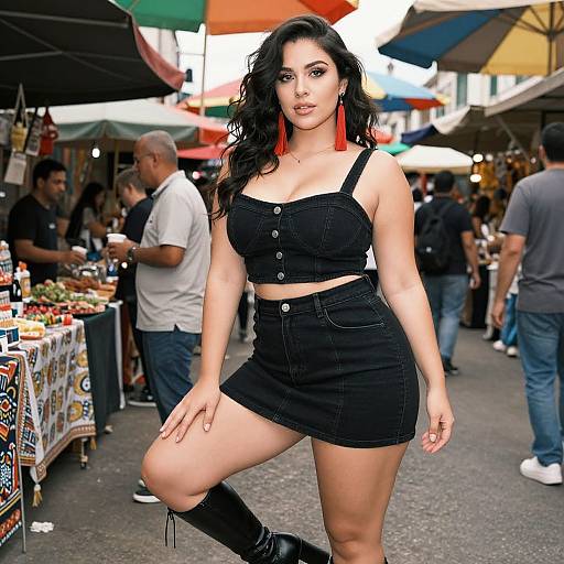Photograph of a curvy, Latina woman with long black hair, wearing a black crop top and skirt, red earrings, and black boots, posing