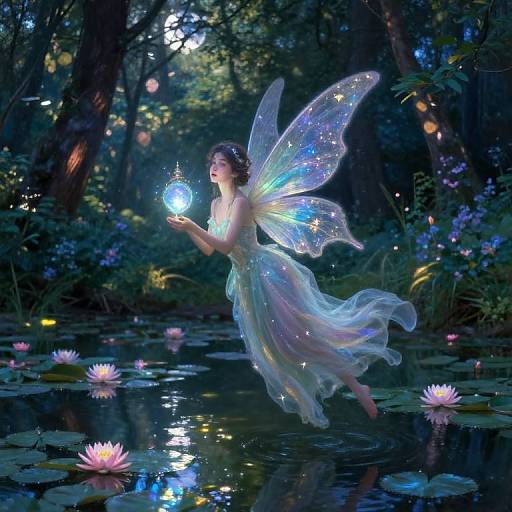 Fairy with translucent wings holding glowing orb, floating over enchanted forest pond with blooming lotuses, illuminated by magical lights.