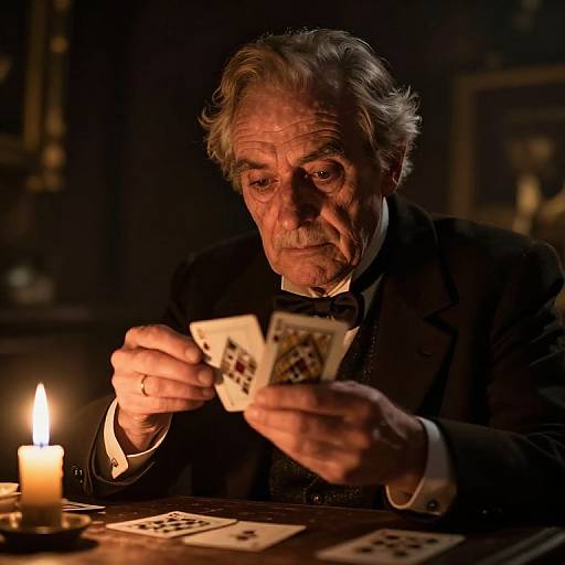 Photograph: An elderly man with wavy gray hair and a beard, wearing a black suit, intently examines a poker hand by candlelight.