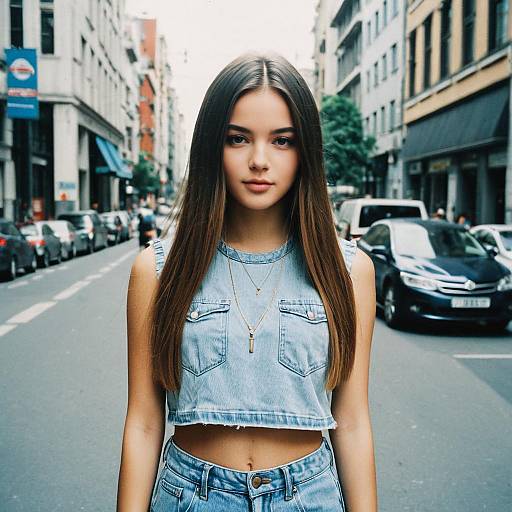 Teen Girl with Center Part Hairstyle in City Street