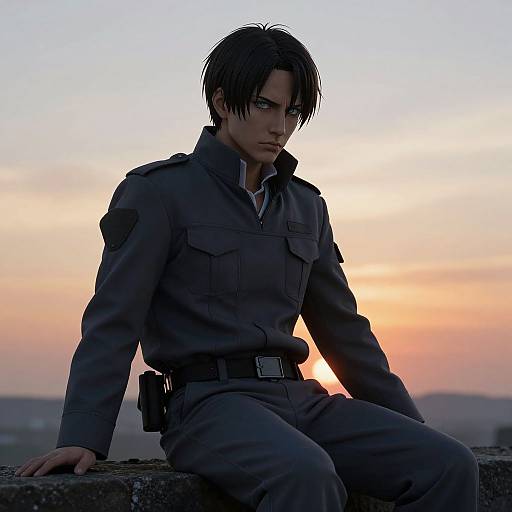 Digital anime-style drawing of a serious young man in a dark military uniform, sitting on a ledge at sunset.
