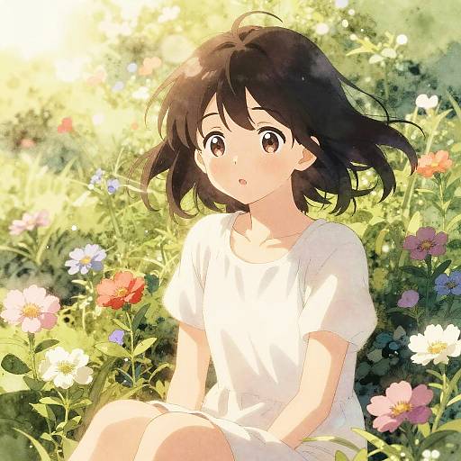 Anime-style digital drawing of a young girl with short black hair, wearing a white shirt, sitting in a sunlit, colorful flower field.