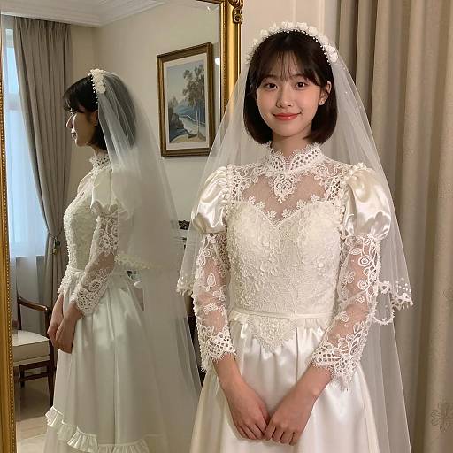 Bride in Wedding Dress with Veil by Mirror