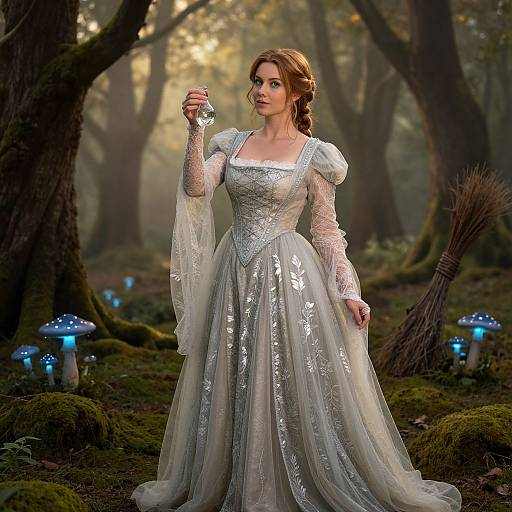 Photorealistic fantasy image of a fair-skinned woman in a silver, lace-trimmed ball gown holding a glowing mushroom in a misty forest