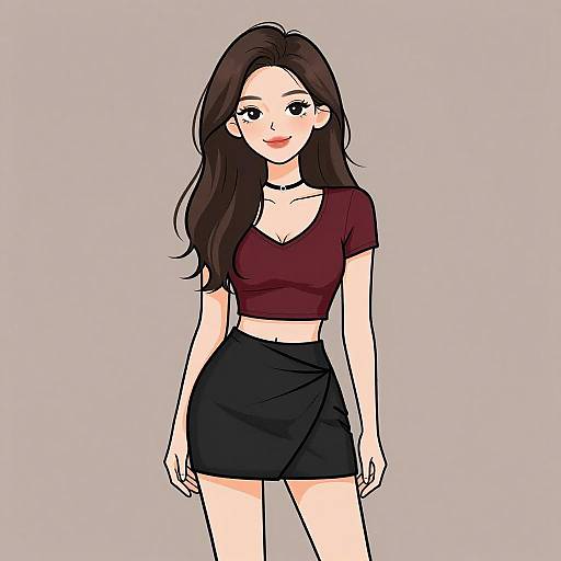Digital anime-style drawing of a young woman with long brown hair, wearing a red cropped top and black skirt, smiling against a plain gray background.